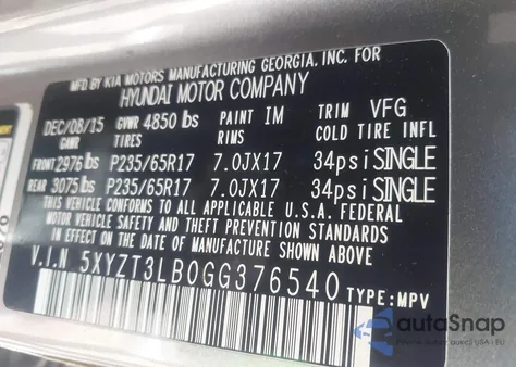 2016 Hyundai Santa Fe Sport 2.4L из США, поврежденный, VIN 5XYZT3LB0GG376540